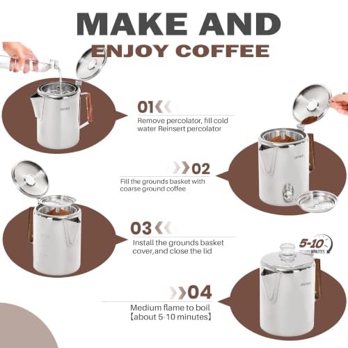 9 Cup Stainless Steel Coffee Percolator - Camping & Stovetop Brew