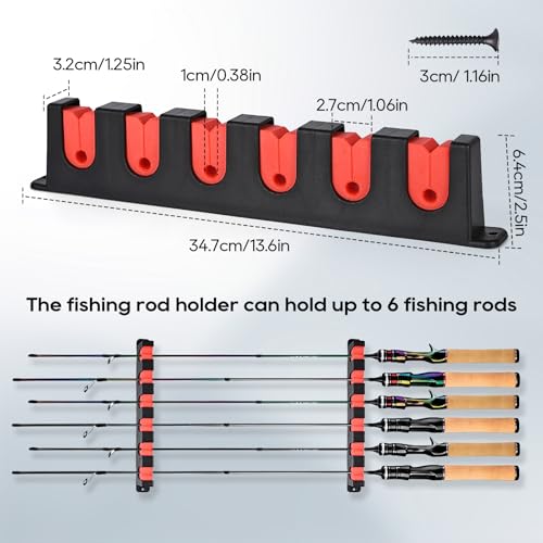 Horizontal Red Fishing Rod Holder Wall Mount for 6 Rods - Axlksia