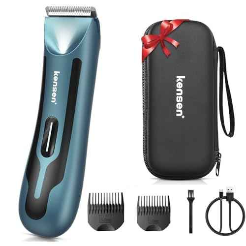 kensen Body Hair Trimmer for Men - Manscape Groin & Pubic Hair Trimmer for Men, Mens Body Shaver with LED Light Travel Case IPX7 Waterproof Wet Dry Use Rechargeable Ball Shavers for Mens Gift (Blue)