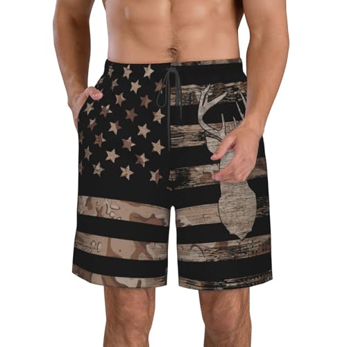 X-Large Men's Swim Trunks Beach Shorts with Mesh Lining & Pockets - Hunting Camo Deer