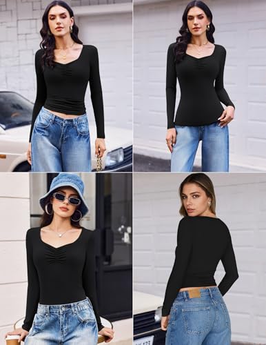 Ekouaer Long Sleeve Fitted Shirts for Women - Basic Layering Tee, 3 Pack, Black, Wine Red, Blue, Large