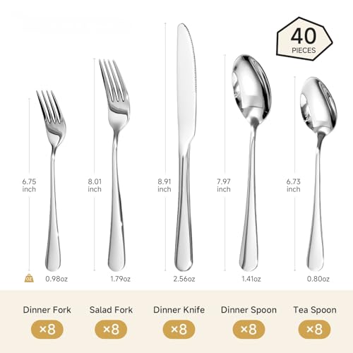 Silverware Set for 8 - 40 Piece Heavy Duty 18/10 Stainless Steel Flatware with Knives Forks & Spoons - Mirror Finish, Dishwasher Safe, Variation: Silver