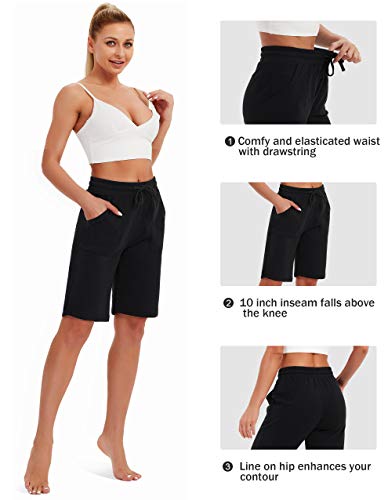 Women's Bermuda Shorts - Black, Large, 10 Inch Sweat Shorts for Women