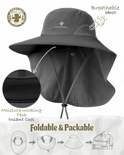 Camptrace Wide Brim Sun Hat for Women and Men with Neck Flap - Dark Grey, One Size