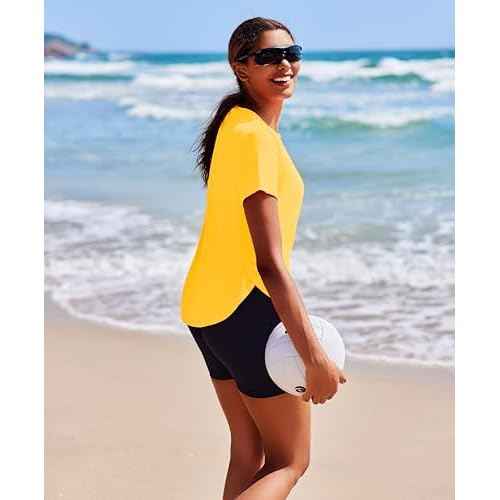 PINSPARK Workout Tops for Women UPF 50+ Yoga Shirts Short Sleeve Athletic Tops with Side Slits Running Gym Tee Top Loose Fit