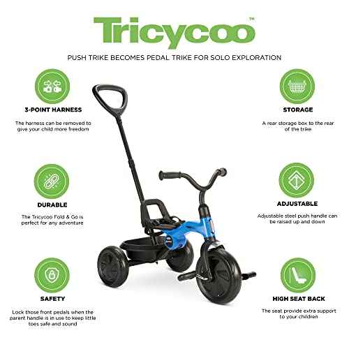 Joovy Tricycoo Fold & Go Toddler Tricycle Featuring Removable, Adjustable Push Handle, Lockable Pedals, Height-Adjustable Seat, 3-Point Safety Harness, and Rear Storage Box (Blueness), 27.6"x18.5"x37"