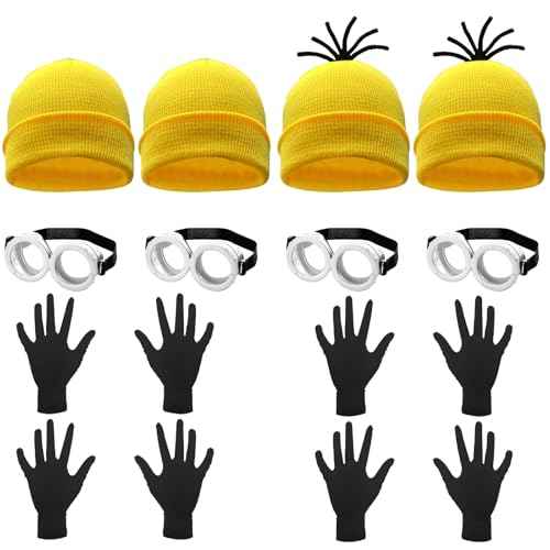 12PCS Halloween Costume Accessories Yellow Beanie Knit Hat Goggles Glasses Gloves for Halloween Cosplay Set