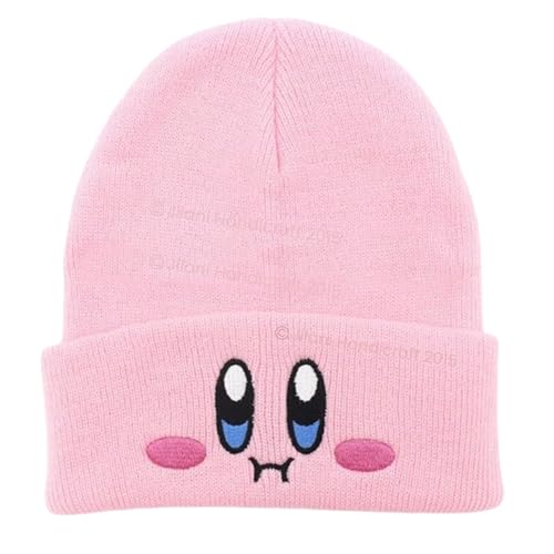 Kids Anime Beanie Hat Pink - Cute Kawaii Slouchy Embroidered Face Knit Cap for Adults