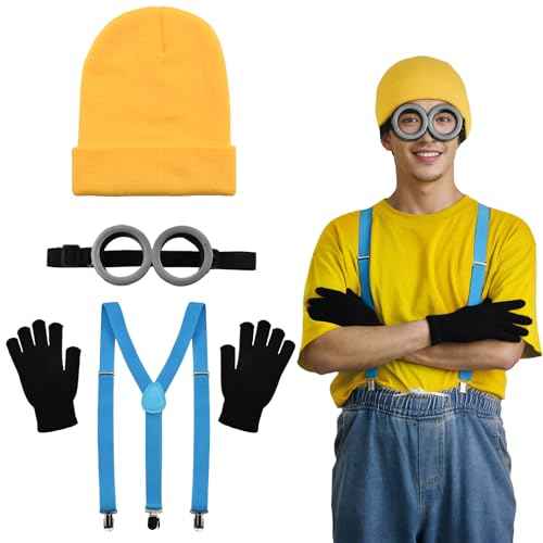 4Pcs Costume Accessories Adult Steampunk Goggles Glasses Blue Y-Back Suspenders Yellow Beanie Hats Black Gloves Perfect for Birthday Party and Halloween Cosplay Party