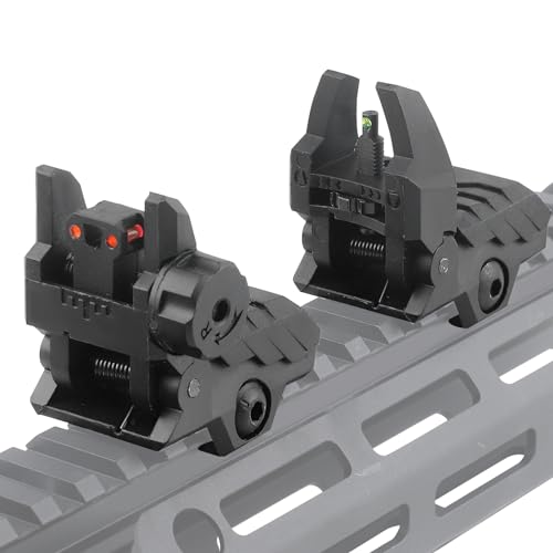 Black Fiber Optic Sights for Rifle Flip Up Backup Sights with Green Red Dots - Tool-Free Adjustment