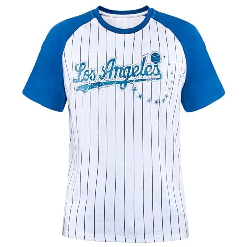Mens City Baseball Fans Vintage Sporty Pinstripe Crew Neck Tee Shirts - Navy & Red