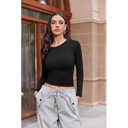 Ekouaer Womens Long Sleeve Shirts Fitted Tops Stretchy Base Layer Basic Tight Thermal Undershirt XS-XXL