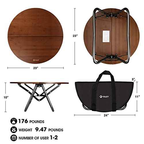 VILLEY Bamboo Round Folding Table, Camping Half-fold Portable Table with Carrying Bag for Indoor & Outdoor Picnic Coffee Barbecue Beach Card Game