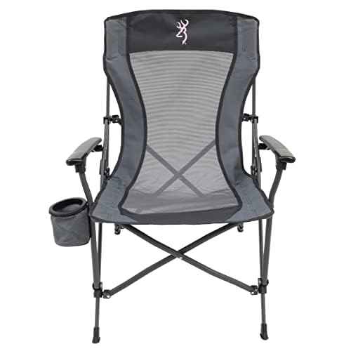 Browning Folding Camping Chairs for Adults - Durable Mesh Fabric Over Sturdy Powder Coated Steel Frame, Armrests Cup Holder, and Shoulder Carry Bag