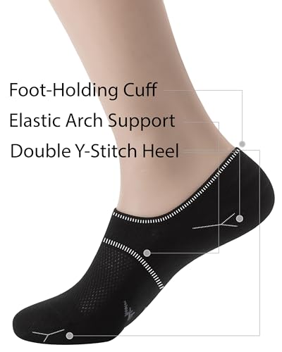 Large Black No Show Socks 6 Pack - Seamless Wide Toe Box Footies for Men & Women