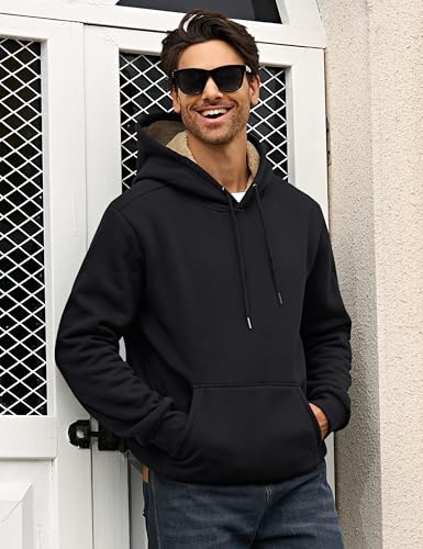 Men's Heavy Sherpa Fleece Hoodie Pullover - Thick Winter Hooded Sweatshirt, X-Large, Black