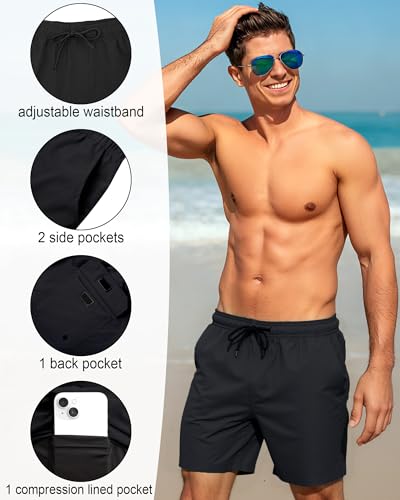 Men's Swim Trunks Large Black 7 Inch Quick-Dry Beach Shorts with Pockets