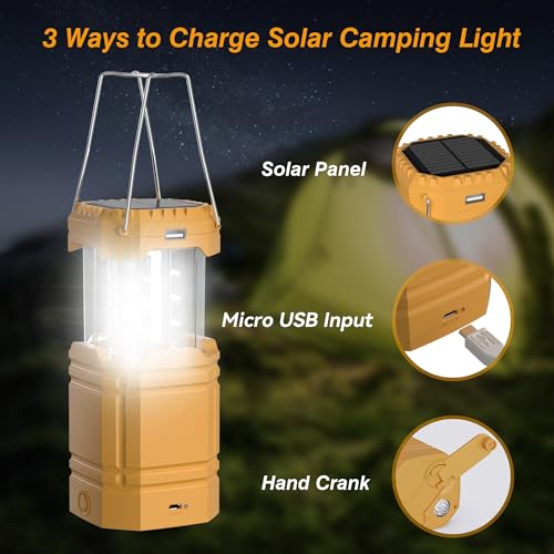 Yellow Portable LED Camping Lantern with 3000mAh Solar Hand Crank Rechargeable Battery