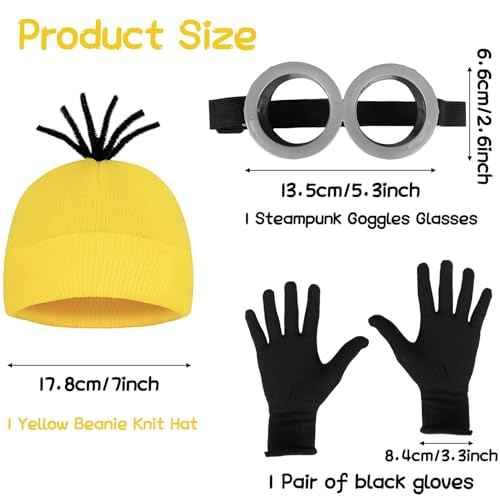 umbresen 3Pcs Halloween Yellow Costume Accessories, Goggles Glasses/Yellow Beanie/Gloves for Children Adults Men Women Cosplay Christmas Birthday Party School Show Set