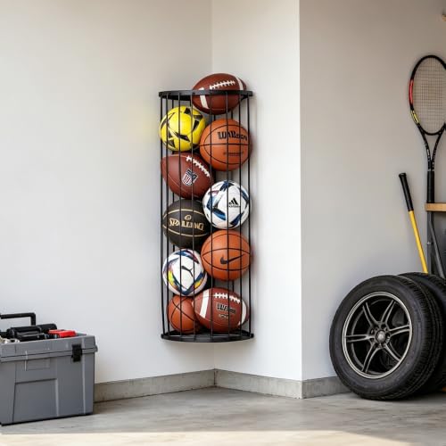 Wall-Mounted Ball Storage Rack with Elastic Cord & Mini Basketball Hoop