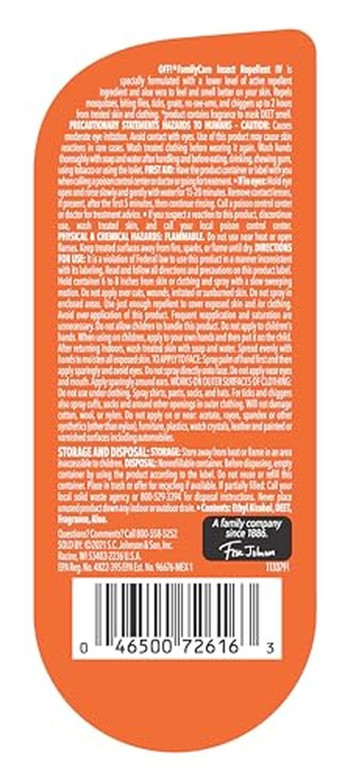 OFF! Family Care Insect & Mosquito Repellent Spritz, Bug Spray Containing 7% DEET, Unscented Repellent with Aloe Vera Protects Against Mosquitoes, 9 Oz