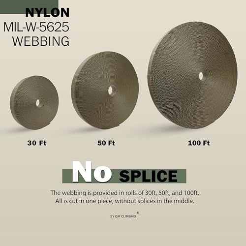 Tan 30ft MIL-W-5625 Nylon Climbing Webbing 1 Inch Heavy Duty Tie Down