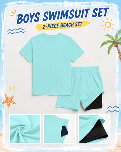 Boys Rash Guard Swim Set with Trunks - Teal 5-6 Years