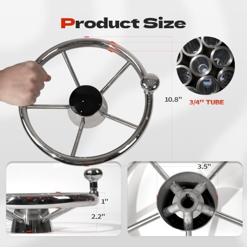 Silver 11 Inch Boat Steering Wheel - Marine 5-Spoke Destroyer Style with Control Knob & Center Cap, Stainless Steel