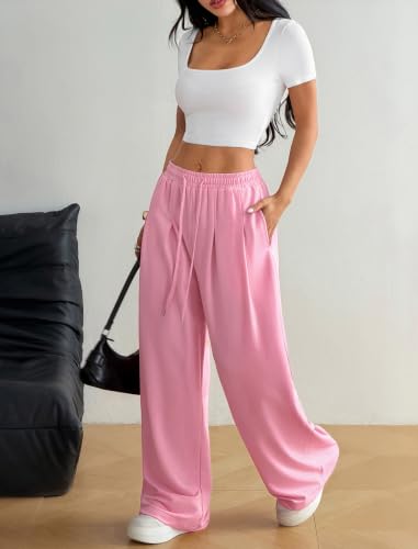 Women's Wide Leg Sweatpants High Waist Baggy Pleated Pants Medium Pink