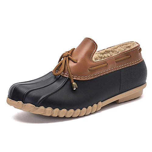 Women's Waterproof Snow Loafer Shoes with Fur Lining - Black, Size 8 - Slip-On Flat Duck Shoes