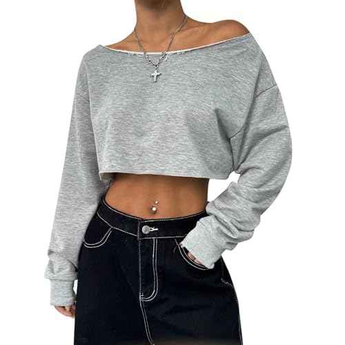 Remidoo Women's Off the Shoulder Cropped Sweatshirt Asymmetrical Neck Long Sleeve Crop Tops