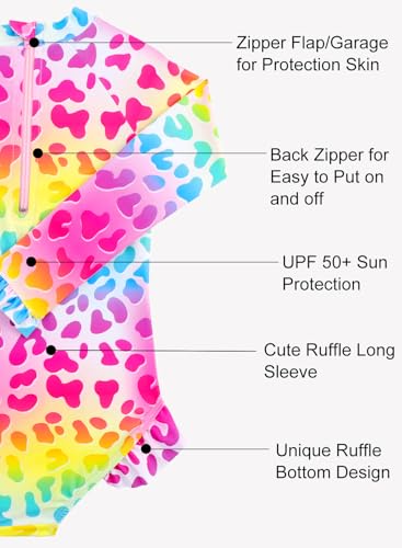 Rainbow Leopard Baby & Toddler Girl Long Sleeve Ruffle Swimsuit 2-3T - UPF 50+ Sun Protection