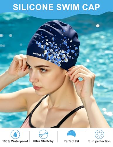 Silicone Swim Cap for Women Men - Floral Pattern, Comfortable Fit & Water-Resistant