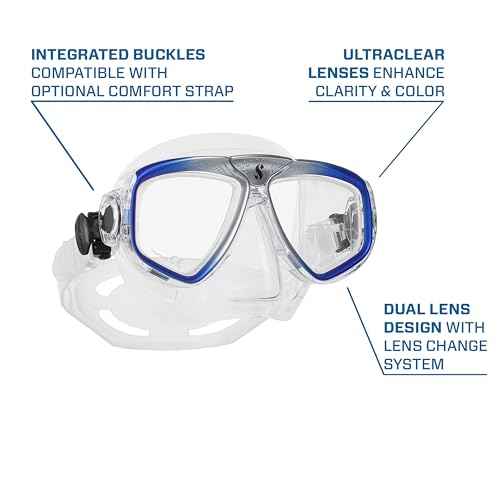 SCUBAPRO Zoom Scuba Mask with Ultra Clear Dual Lens and Lens-Change System for Optical Lenses for Diving, Clear/Blue/Silver