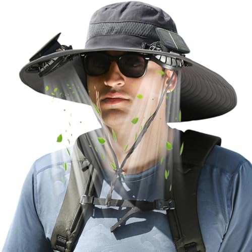 Wide Brim Sun Hat with 2 Solar Fans for Men Women UPF 50+ Garden Beach Grey Medium