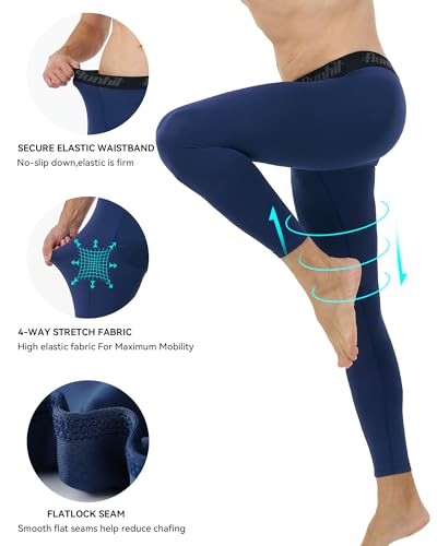 Men's Compression Pants Running Tights Workout Leggings Athletic Base Layer Navy Blue Large