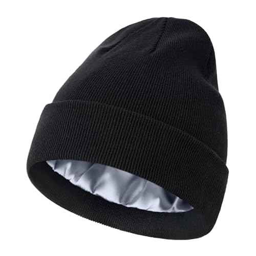 ROYBENS Satin Lined Beanie, 100% Cotton Beanies Hats for Men Women, Slouchy Knit Cuffed Winter Warm Soft Skull Cap Hat