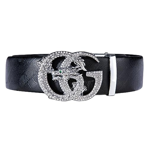 Men's Leather Ratchet Dress Belt with Sliding Buckle - Silver Dragon01, 36-45 Inches