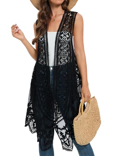 Black Sheer Crochet Cardigan Cover Up Mesh Hippie Vest - Sleeveless