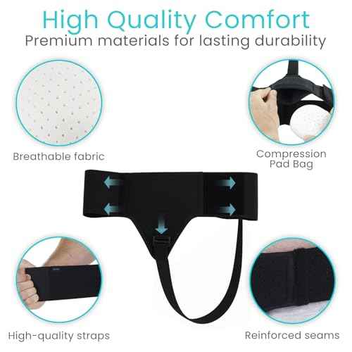 Vive Inguinal Hernia Belt for Men & Women - Left or Right Groin Support Truss for Targeted Compression, Pain Relief, Comfort, Pre & Post Surgery, Injury Recovery - 3 Removable Pressure Pads and Splint (Black)