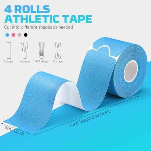 80 Strips Kinesiology Tape, 4 Rolls Precut Athletic Tape Elastic Waterproof Sports Tape 2 Inch x 16 Feet Body Tape with Scissors for Joint Support Muscle (Beige, Black, Blue, Pink)