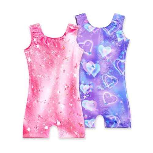 2 Pack Leotard for Girls Gymnastics Sparkly Tumbling Unitards with Shorts Sleeveless One Piece Biketards