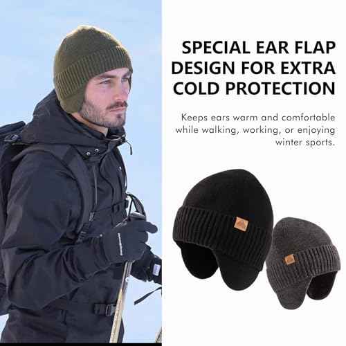 TOP-EX DryKnit¢â Unisex 80% Merino Wool Waterproof Beanie with Ear Flap Warm Winter Fleece Lined Beanie Hat M/L/XL