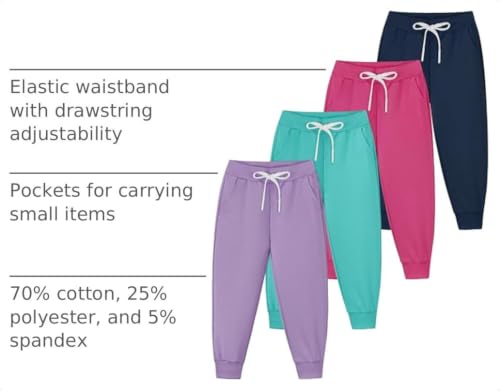 Resinta 4-Pack Toddler Girls' Active Jogger Pants - Navy, Purple, Lake Blue, Hot Pink