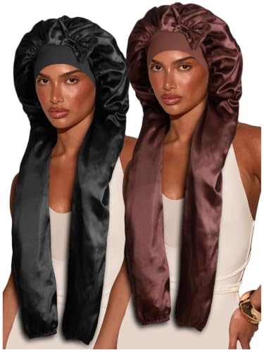 2pcs Satin Pantyhose Bonnet for Braids - Black & Coffee, Long Hair Sleep Cap