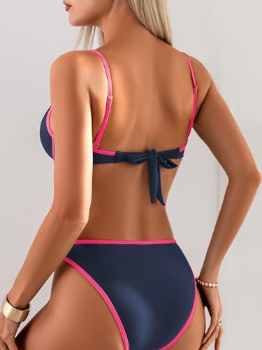 Women's Push Up Bikini Set - Large Blue & Rose Pink Two-Piece Swimsuit with Underwire & Contrast Binding