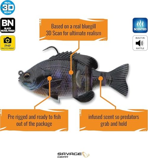 Savage Gear 3D Bluegill RTF Fishing Bait, 3/4 oz, Bream, Realistic Contours, Colors & Movement, Durable Construction, Heavy-Duty Jig Fishing Hook, Built-in Rattle, Scent Infused