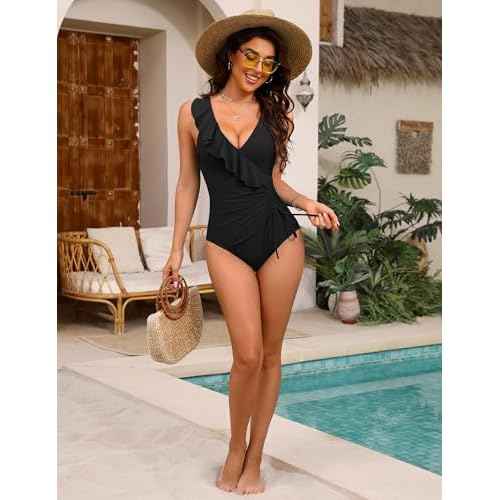 BMJL Women's One Piece Swimsuits Tummy Control Modest Bathing Suit Ruffle V Neck Swim Suits