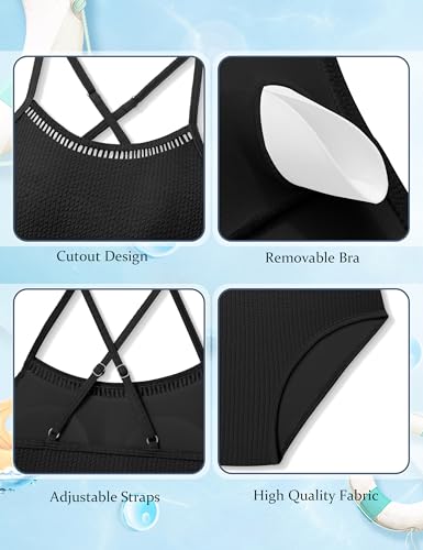 Girls Swimsuit Two Piece Cross Back Bikini Cutout Bathing Suit - Black, 13-14 Years
