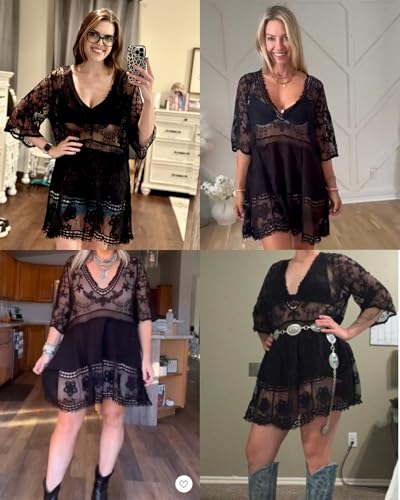 Women Lace Swim Cover Up Dress - Black, One Size Beach Vacation Style